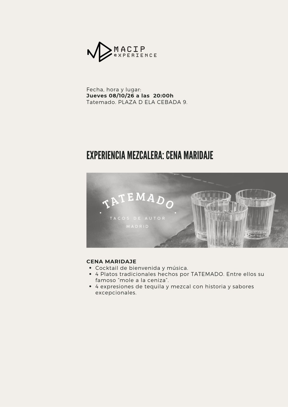 Experiencia Gastronómica: música, cena y mezcales.